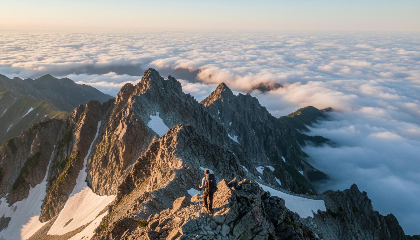 Mountain ridge above clouds in the Japanese Alps