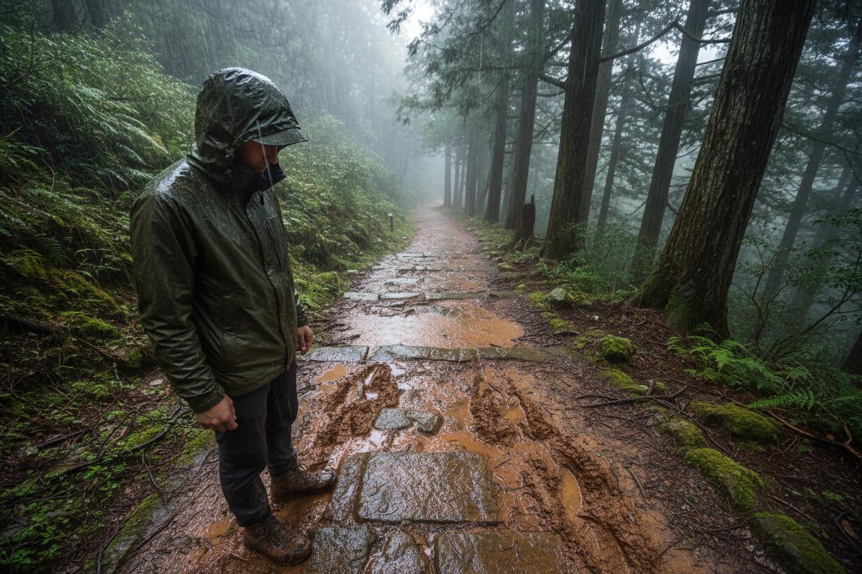 Hiker walking through rain on muddy Kumano Kodo trail